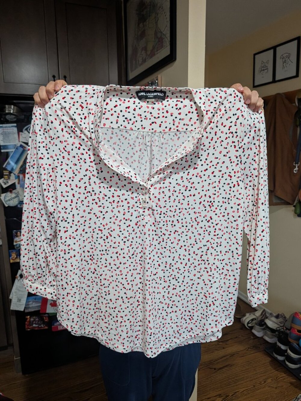 Karl Lagerfeld Paris Whimsical Confetti Pattern Popover Blouse- XL